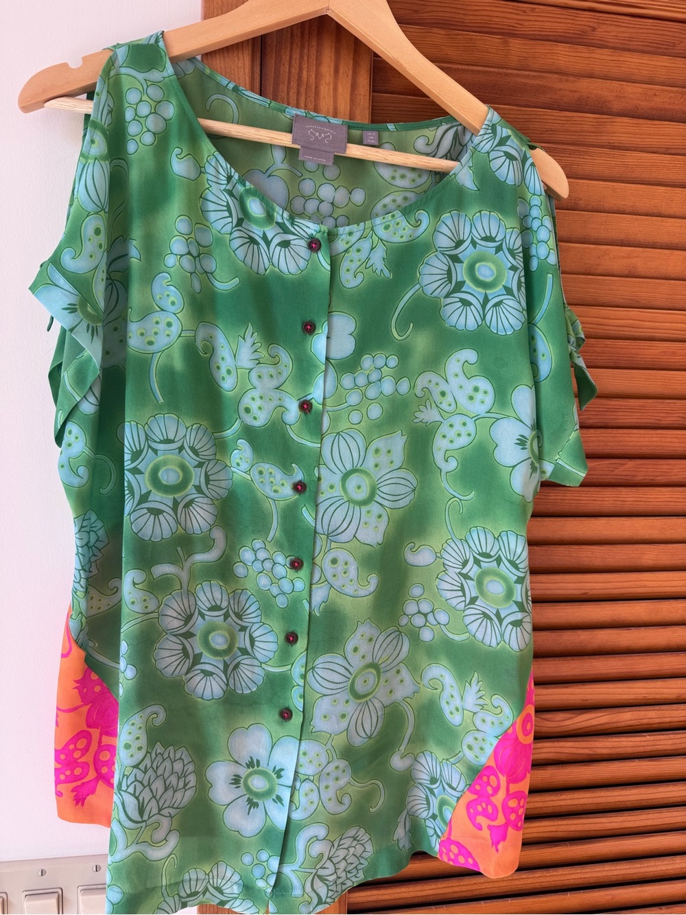 Green Floral Print Silk blouse from Anthropology